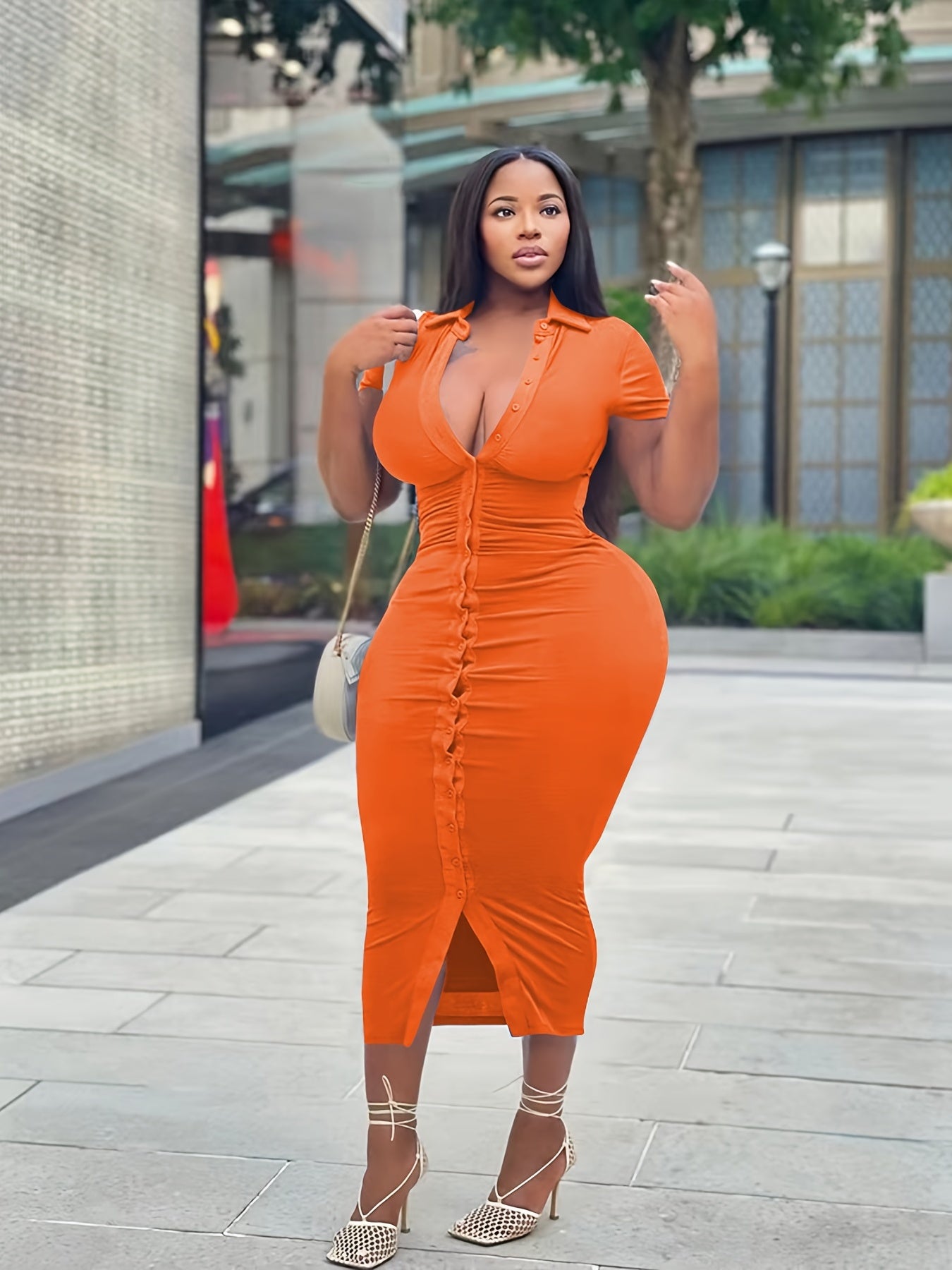  Solid Bodycon Dress Short Sleeve Button Up Sexy