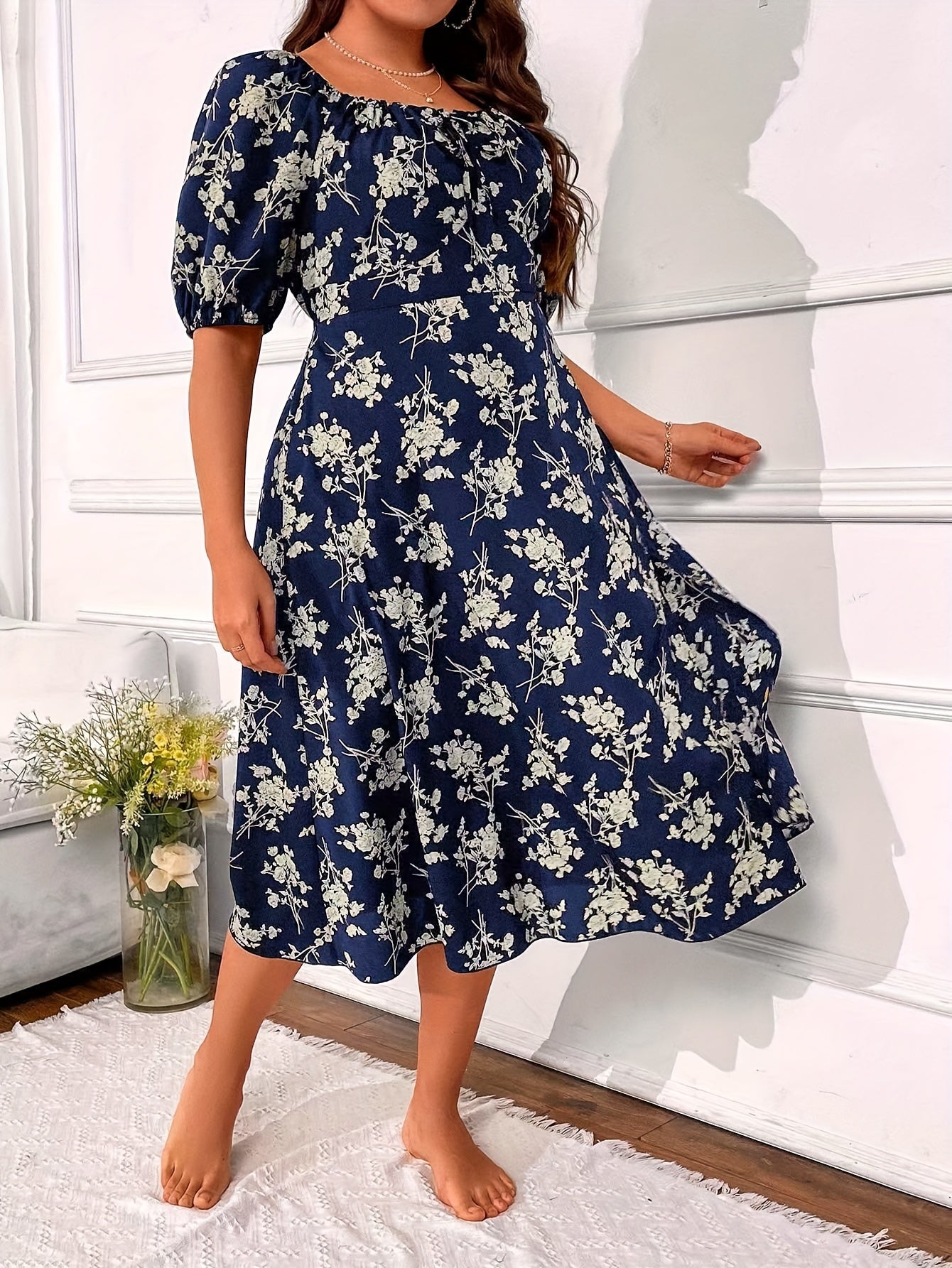  Floral Print Bubble Sleeve Square Neck Midi