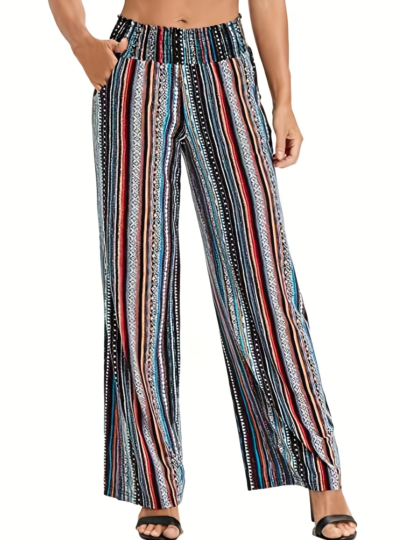  Striped Print Wide Leg Pants With Pockets