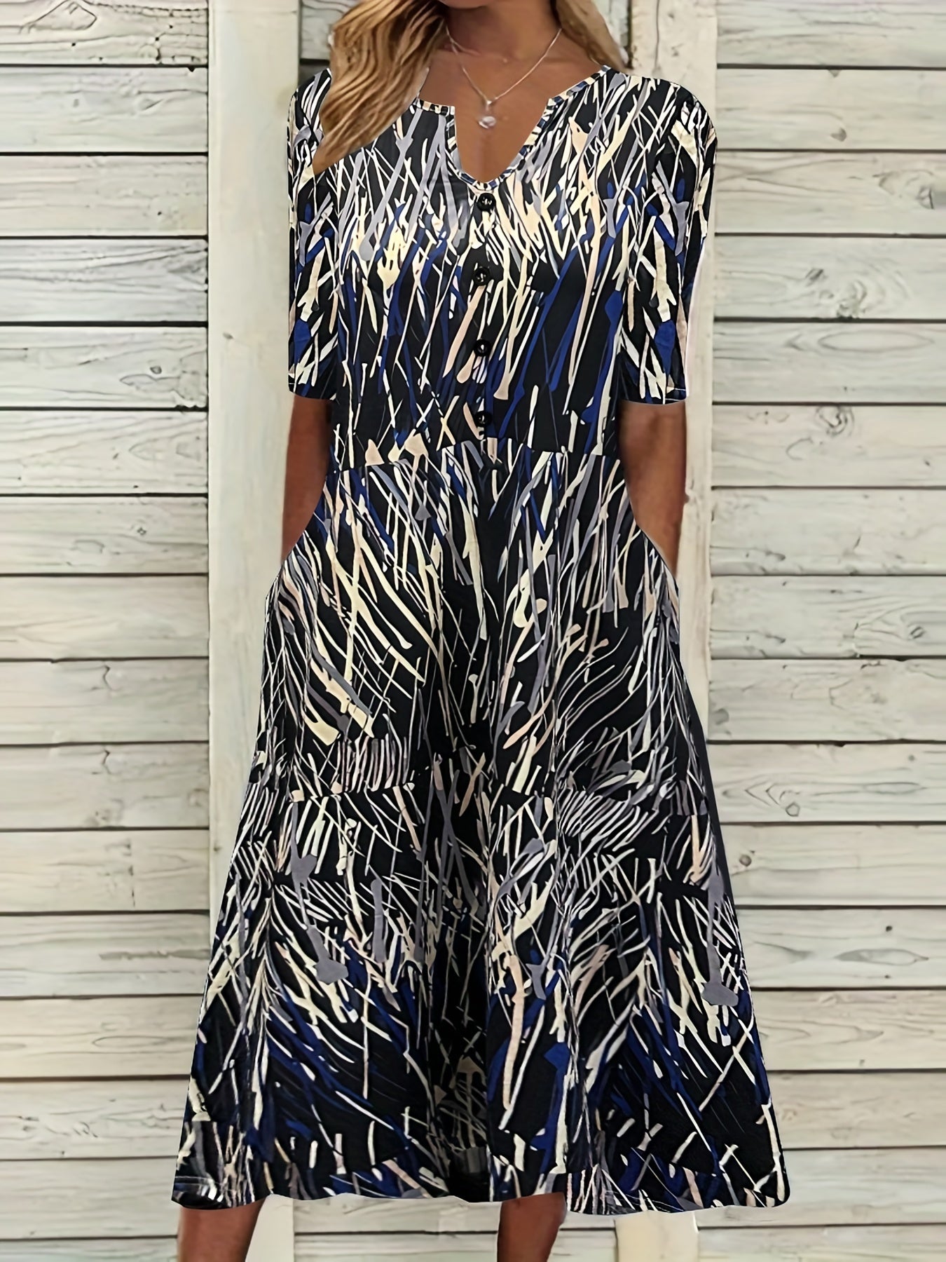  Allover Print Short Sleeve Midi Dress