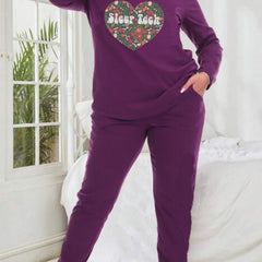  Floral Heart & Letter Graphic Tee & Pants Lounge Set