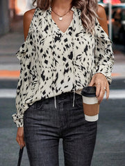  Leopard Print Ruffle Trim Cold Shoulder Blouse