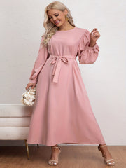 Women's Plus Solid Lantern Sleeve Round Neck Maxi Dress With Belt
