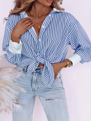  Nautical Stripe Print Button Up Long Sleeve Blouse