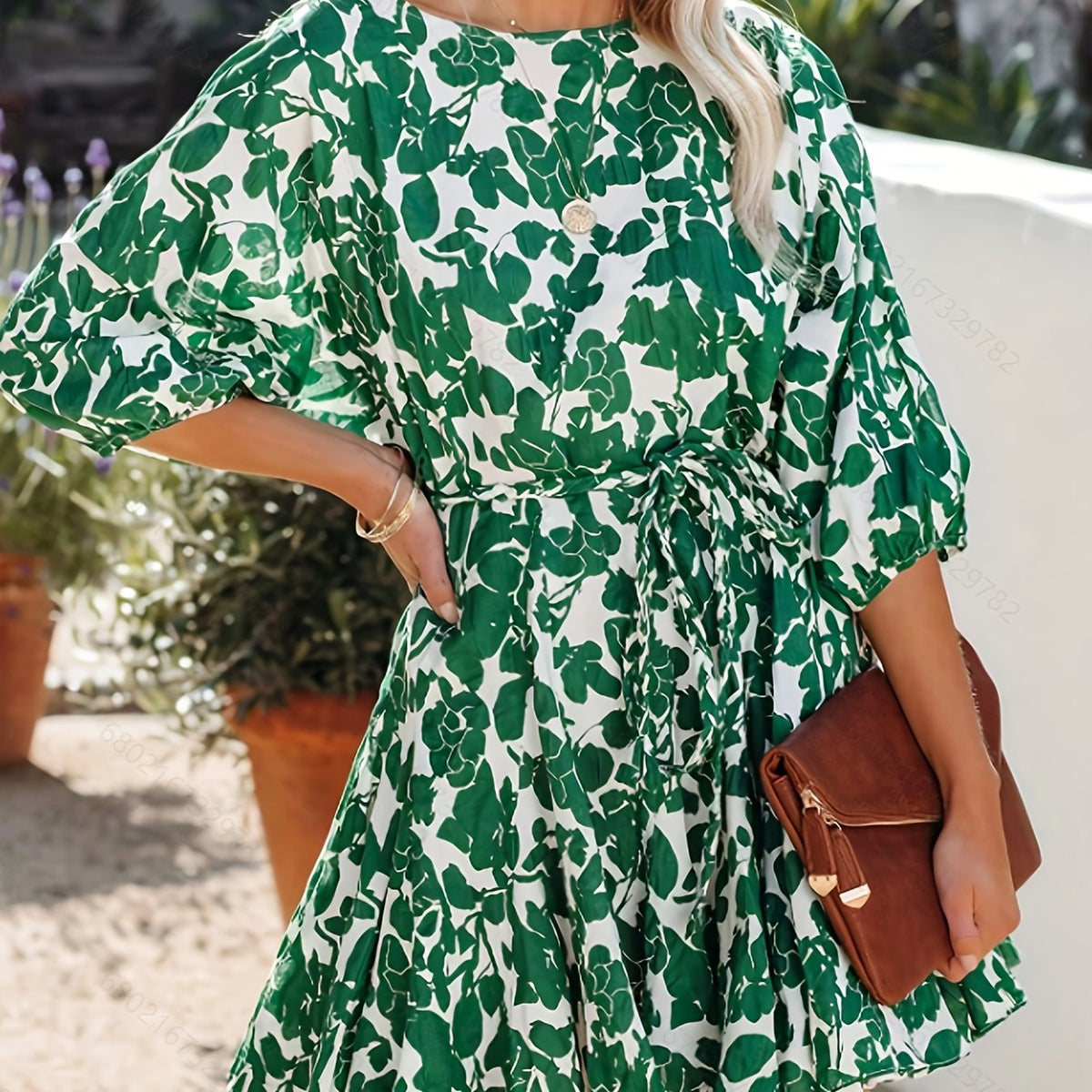  Floral Print Half Sleeve Round Neck Mini Dress With Belt