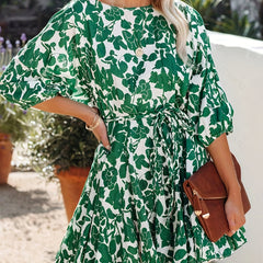  Floral Print Half Sleeve Round Neck Mini Dress With Belt