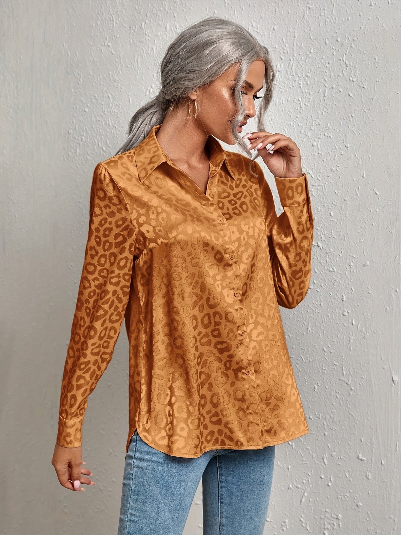  Casual Blouse Women's Plus Solid Leopard Pattern Button Up Long Sleeve