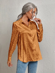  Casual Blouse Women's Plus Solid Leopard Pattern Button Up Long Sleeve