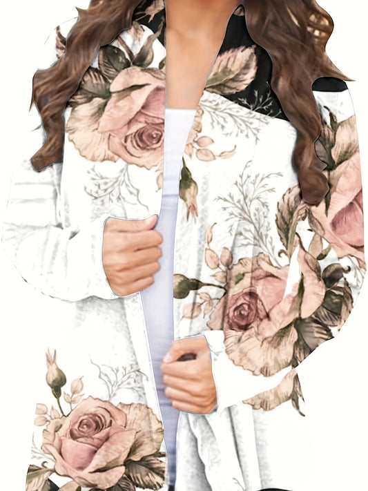  Floral Print Long Sleeve Open Front Cardigan