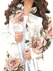  Floral Print Long Sleeve Open Front Cardigan