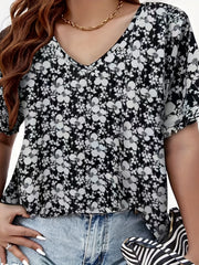  Casual Blouse Women's Plus Allover Floral Print V Neck T