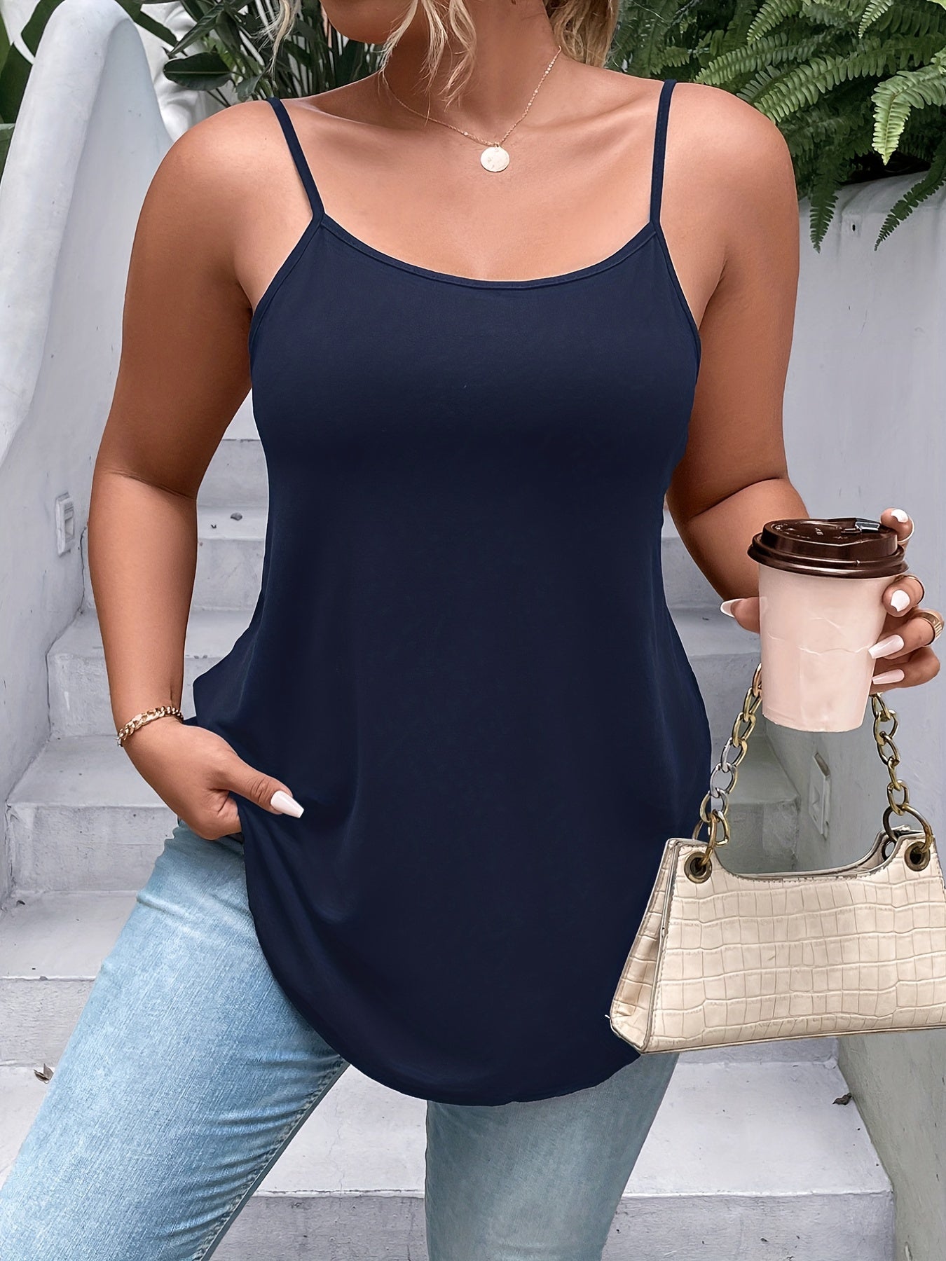  Backless Cami Top Women's Solid Round Neck Cami