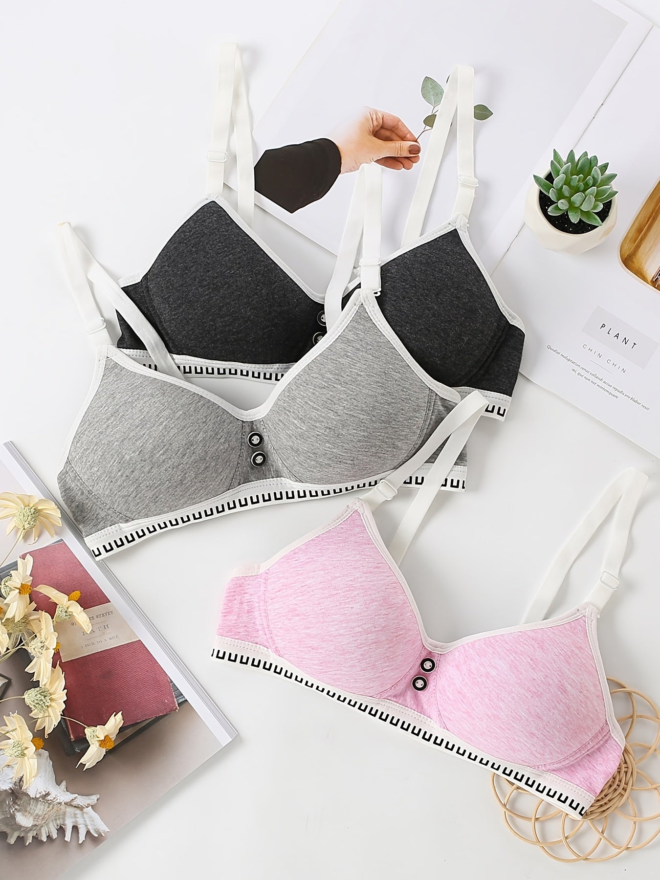3pcs Girls No Underwire Adjustable Strap Bras Soft Bralette Underwear