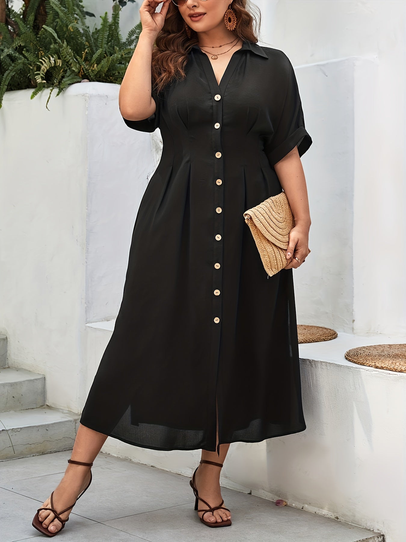  Solid Button Up Maxi Dress