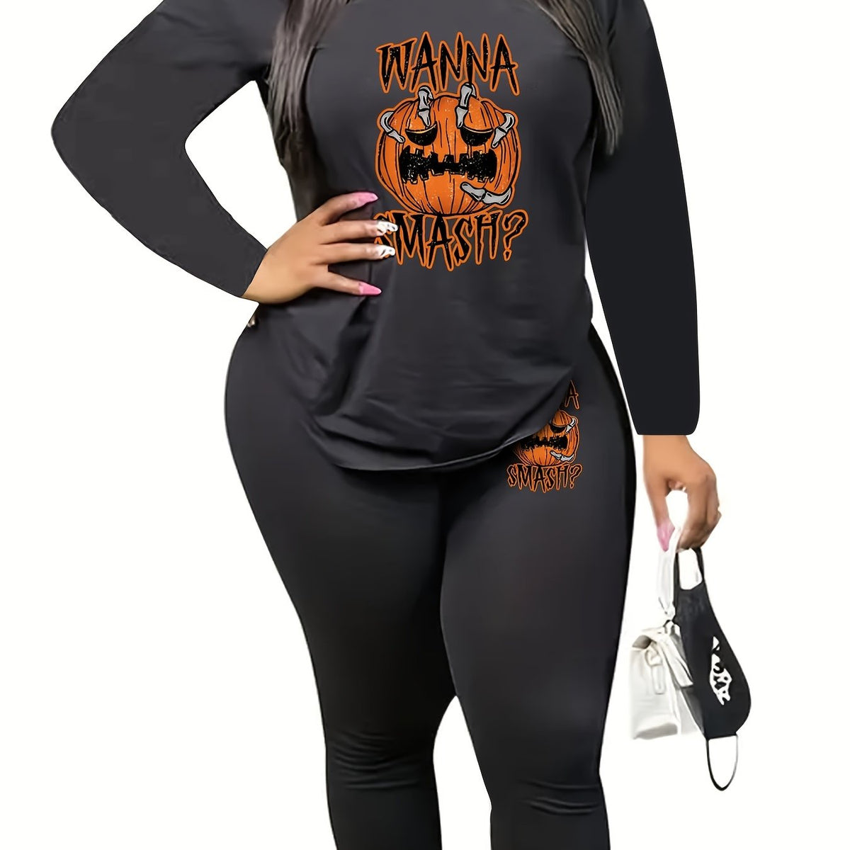  Halloween 2pcs Set Women's Plus Graphic Print Tee & Leggings Set