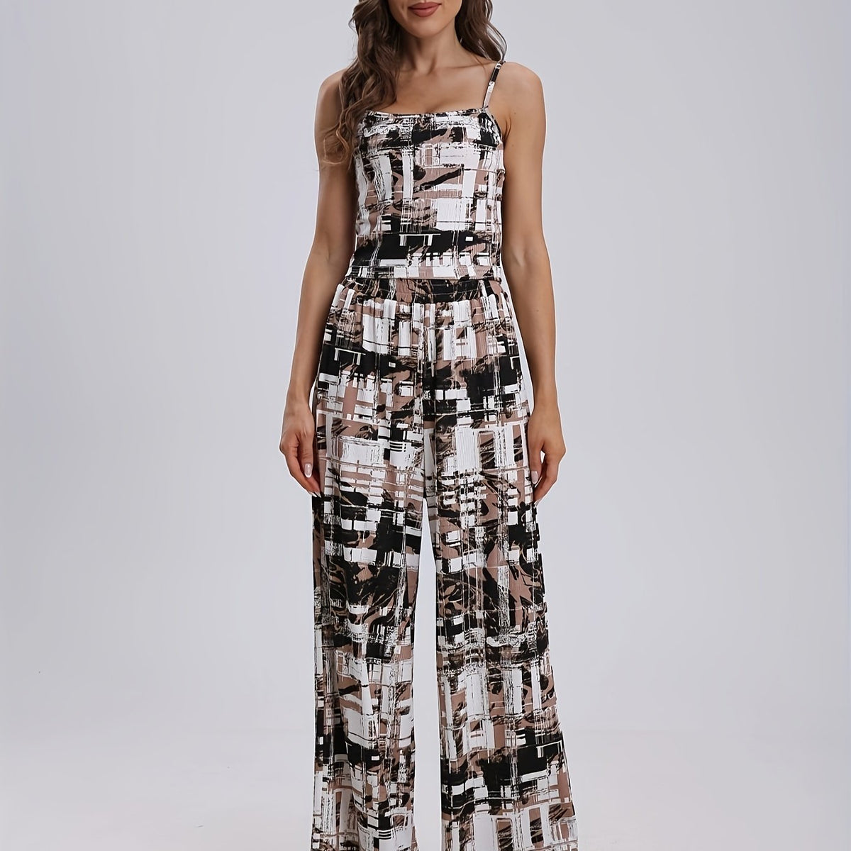 Geo Print Set Spaghetti Strap Top & Wide Leg Pants Outfit