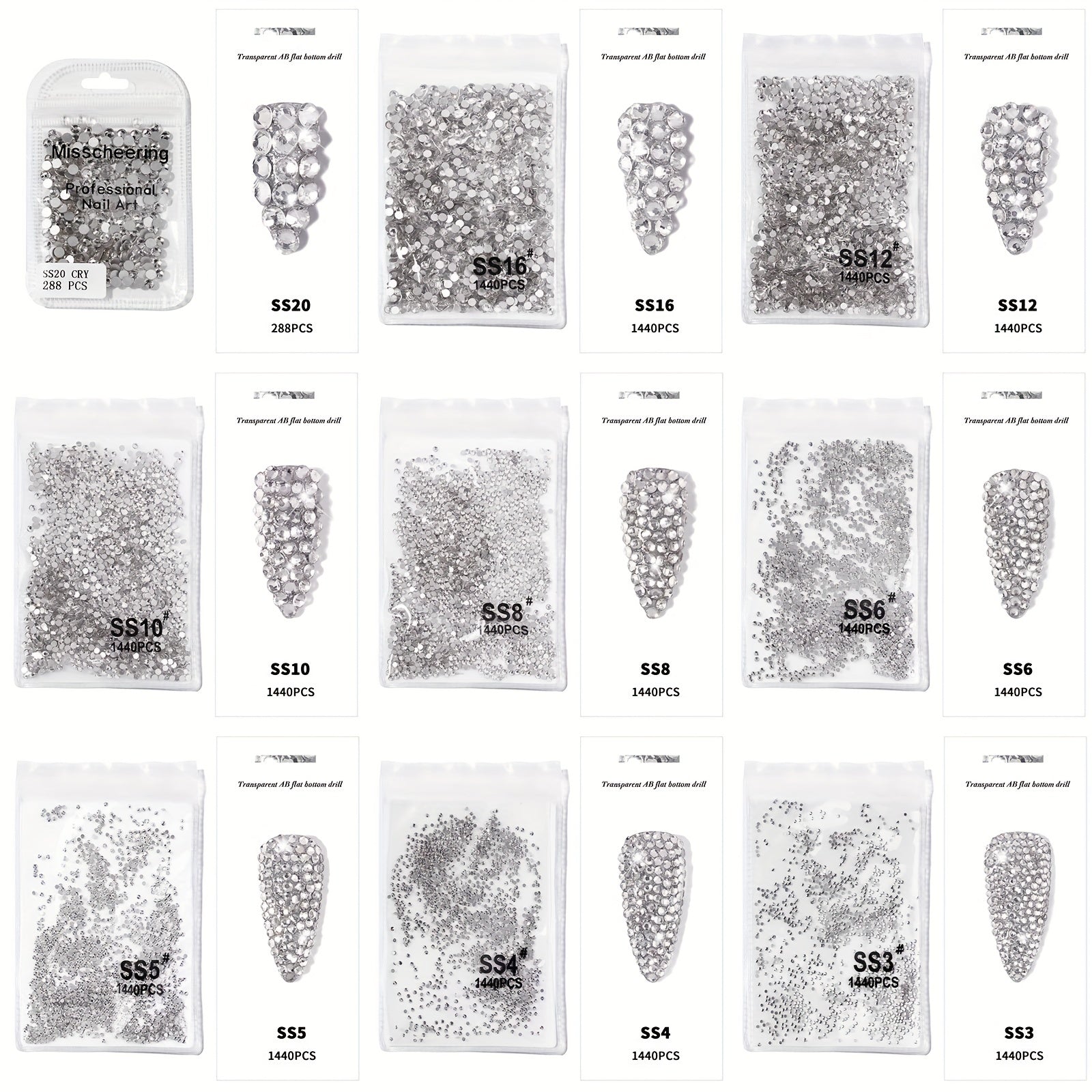 1440Pcs Rhinestones Nail Art Round Crystals Strass Glass Nail Charms
