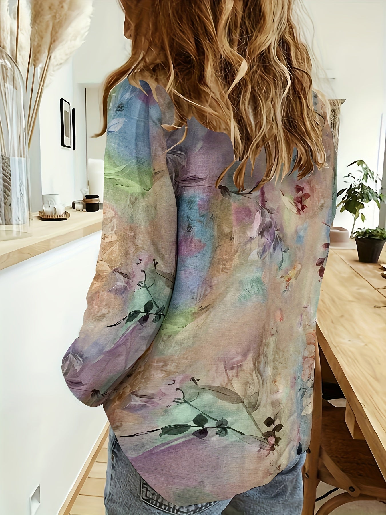  Floral Tie Dye Button Up Collar Shirt Top