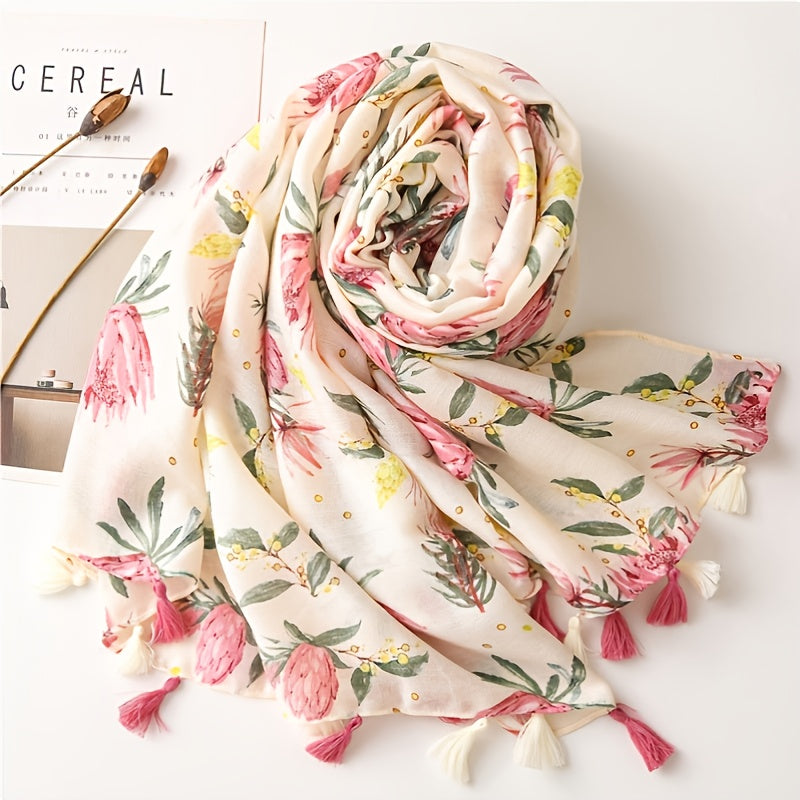 Vintage Pink Flower Print Scarf Cotton Beach Sunscreen Travel Shawl Tassel