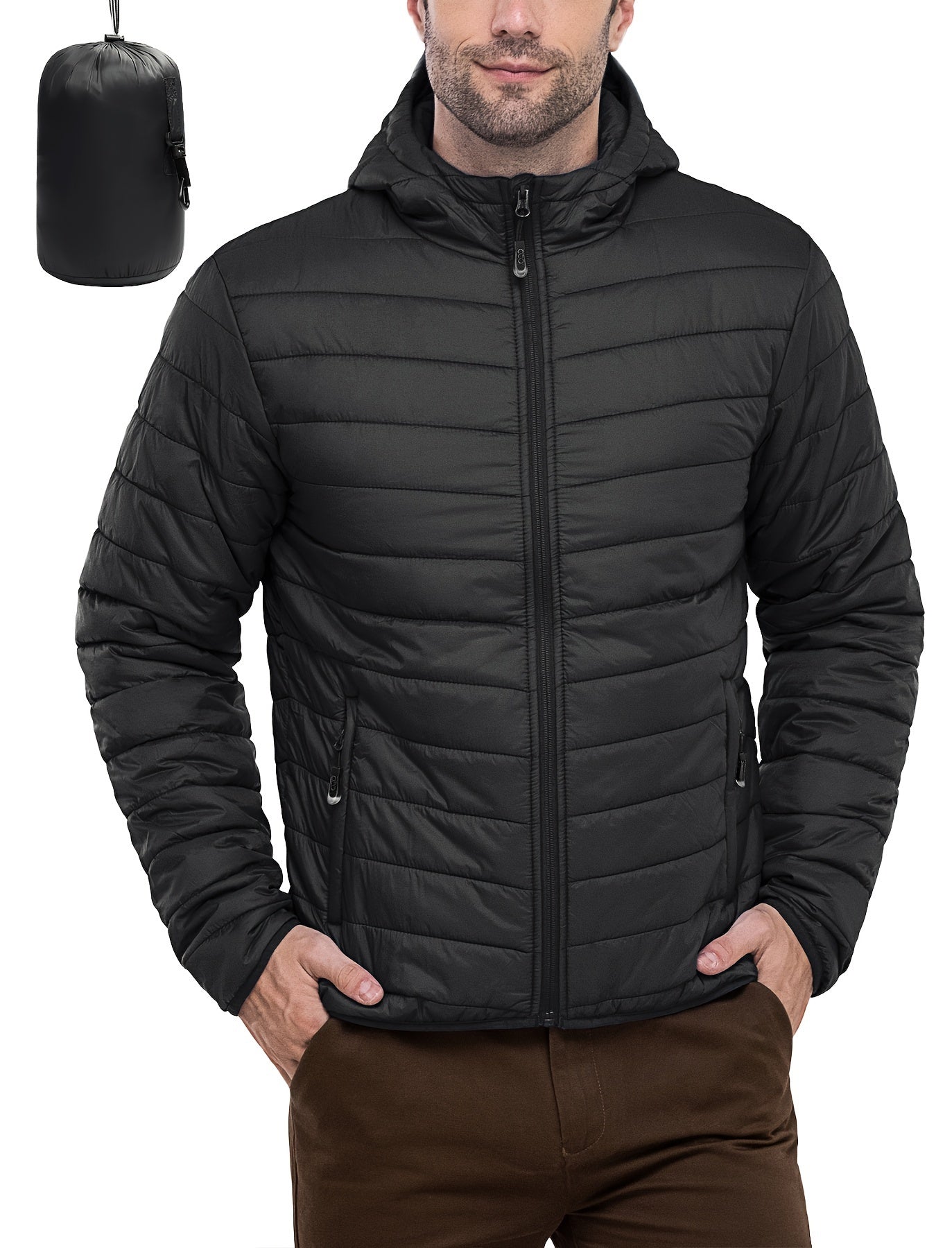 Men's Stand Collar Packable Hooded Winter Jacket Water Resistant Puffy Coat