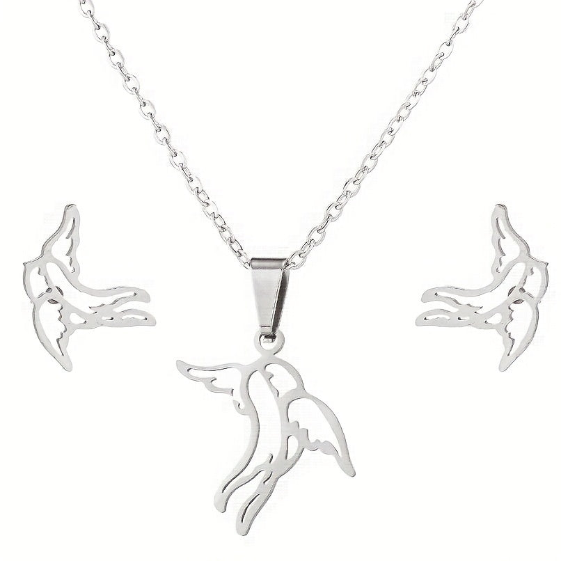 Stainless Steel Origami Cat Necklace and Earrings Set - Animal Pet Jewelry