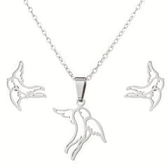 Stainless Steel Origami Cat Necklace and Earrings Set - Animal Pet Jewelry