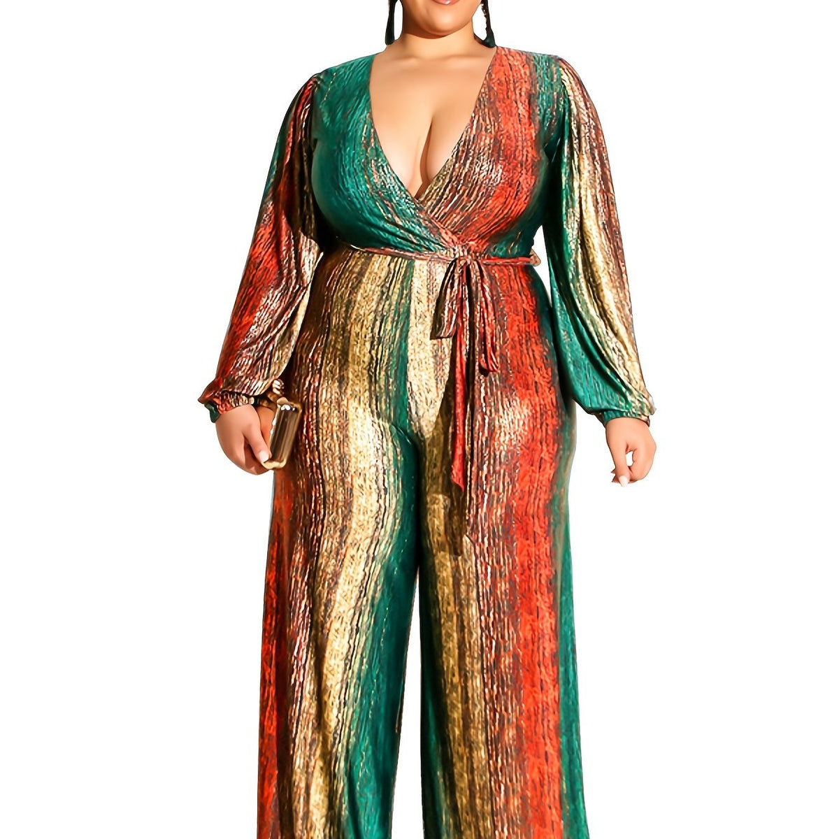  Colorblock Long Sleeve Jumpsuit With Belt