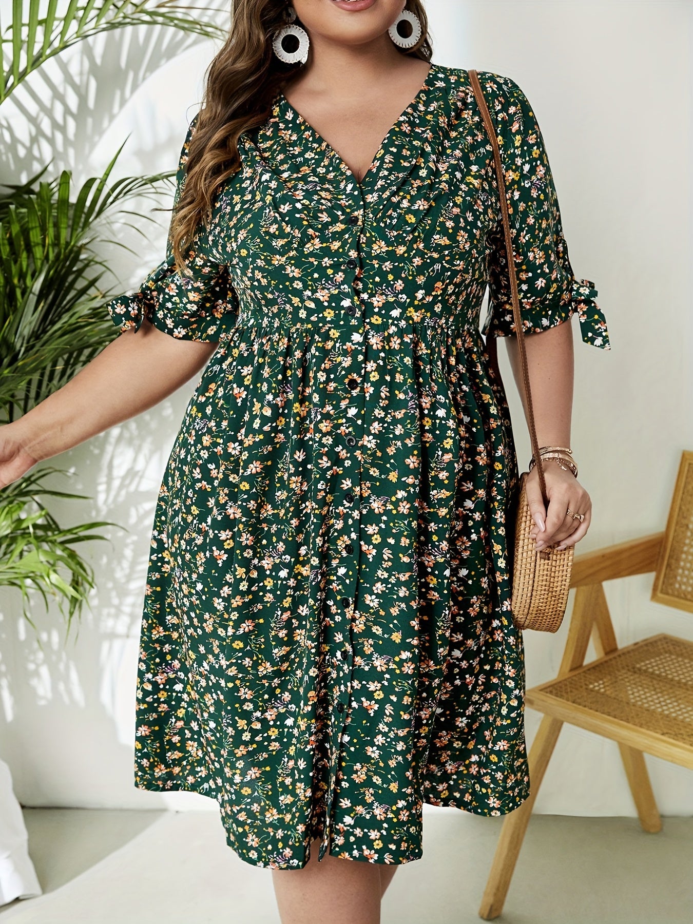 Women's Plus Floral Print Tie Puff Sleeve Maxi Dress