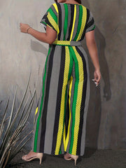  Colorblock Dot Print V Neck Jumpsuit