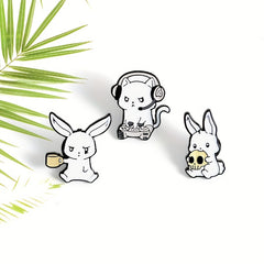 Rabbit Cat Enamel Pins Eating Skull Drink Play Games Cartoon Brooches