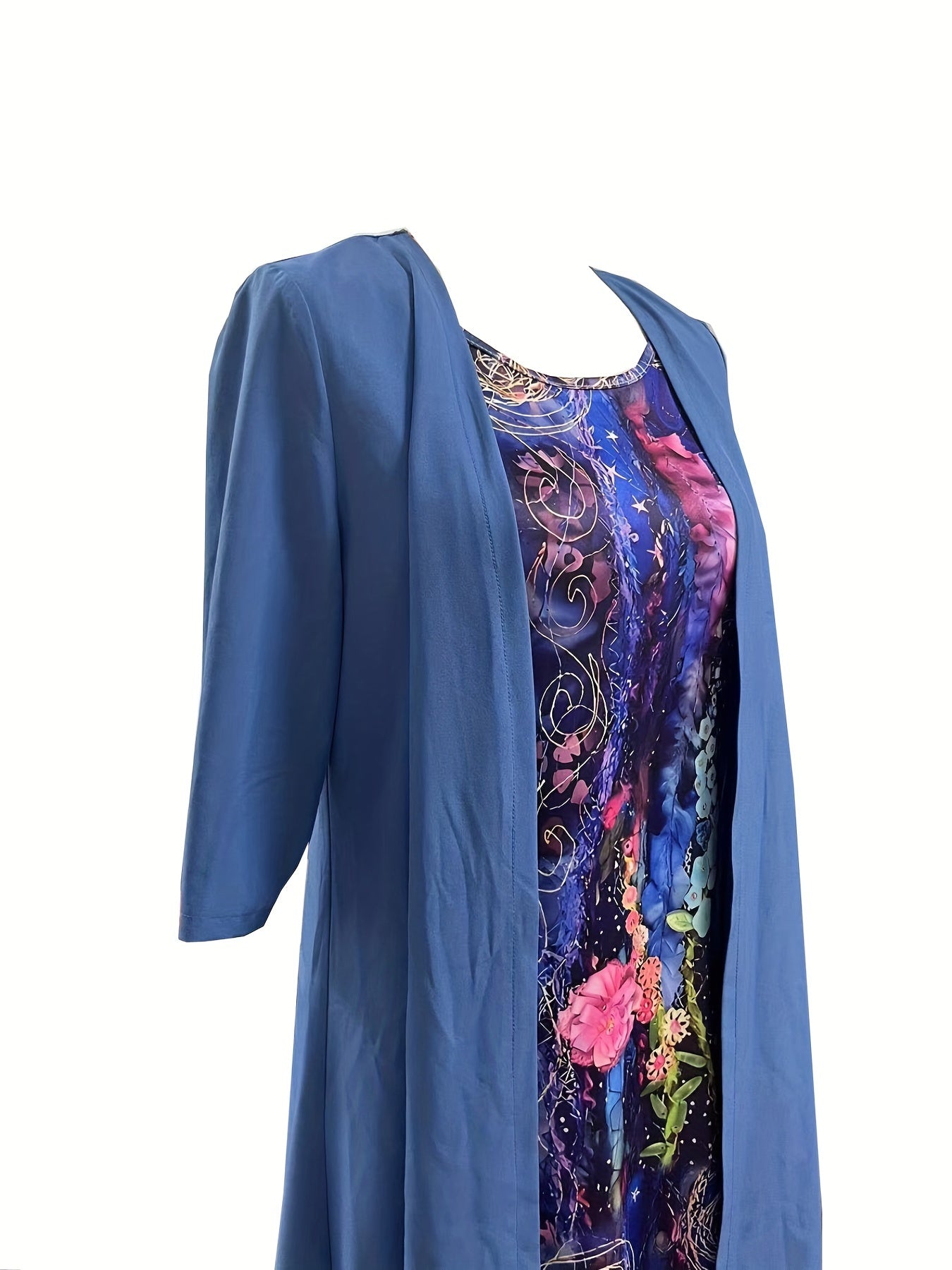 Casual Two Piece Set: Cardigan & Floral Dress