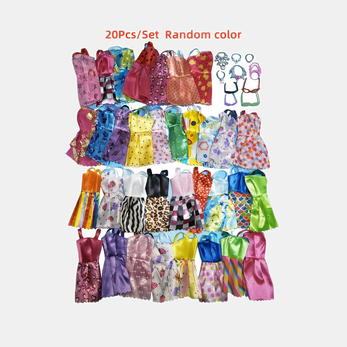 20pcs Mixed Doll Accessories: 10 Mini Dresses, 6 Necklaces, 4 Glasses