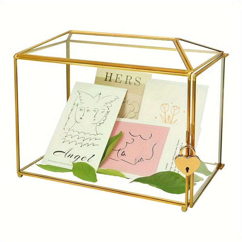 Golden Glass Cards Box For Wedding Reception Large Geometric Decorative Box