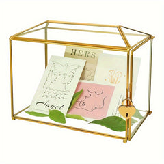 Golden Glass Cards Box For Wedding Reception Large Geometric Decorative Box