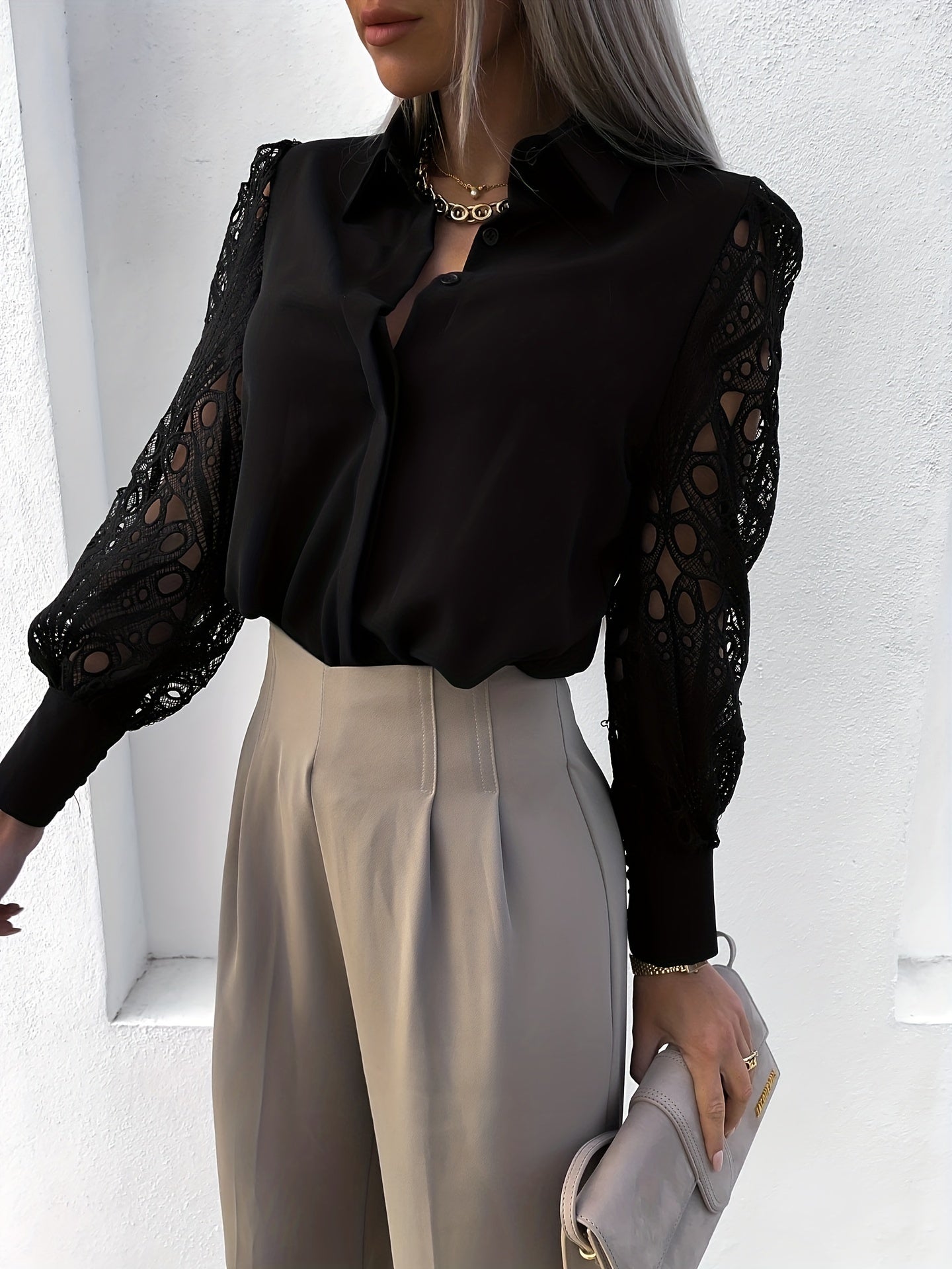  Lace Sleeve Button Up Blouse