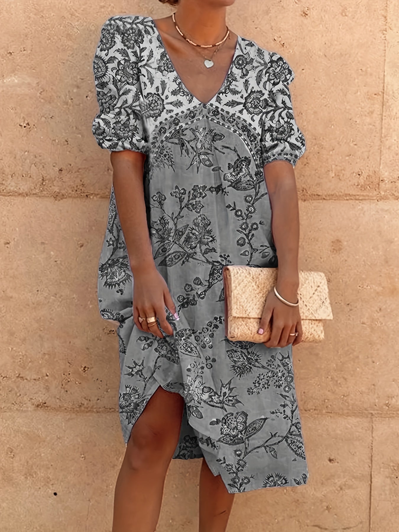  Floral Print V Neck Midi Dress