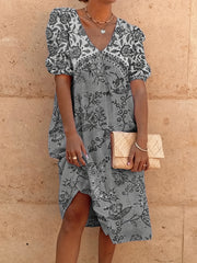  Floral Print V Neck Midi Dress