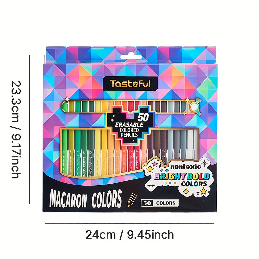 50pcs Erasable Colored Pencils Set Macaron Colors with Erasers, 3.0mm Thick