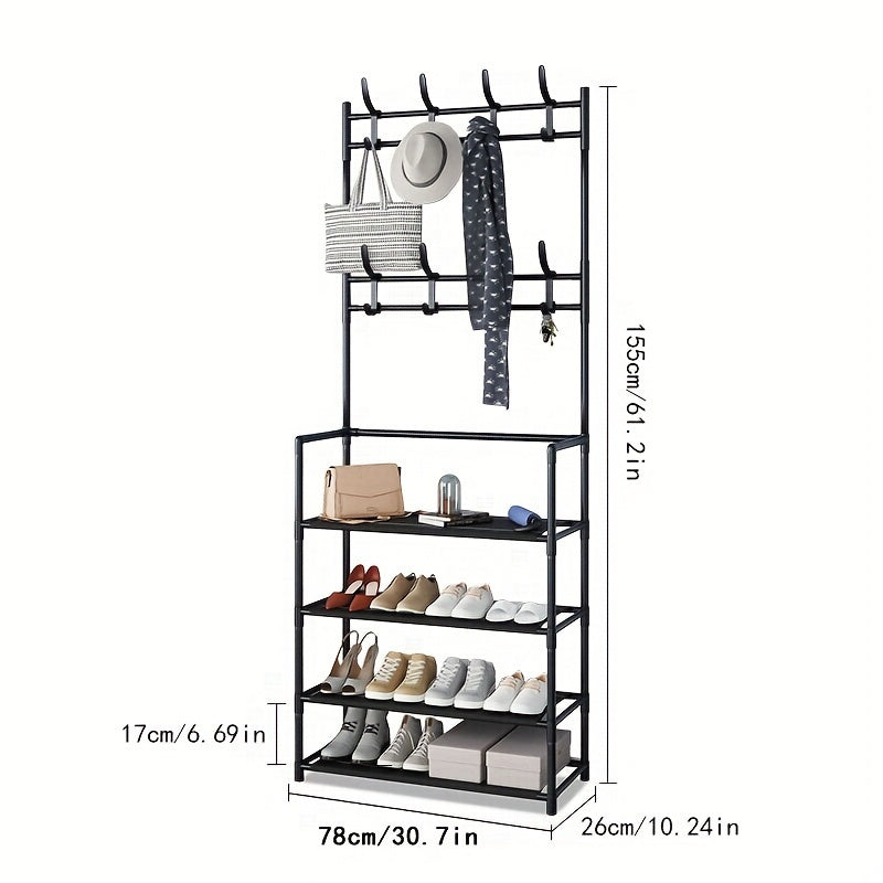 Carbon Steel Coat Rack Foyer Shoe Rack with 4 Shelves & 8 Hooks