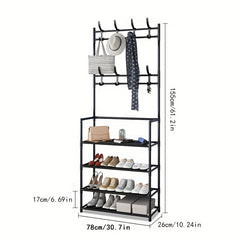 Carbon Steel Coat Rack Foyer Shoe Rack with 4 Shelves & 8 Hooks