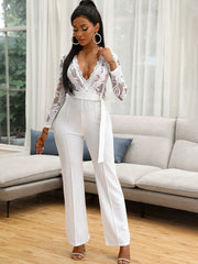 Casual Wide Leg Pants with Lace Panel