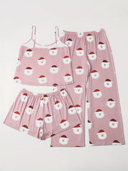  Santa Claus Print Pajama Set with Cami Top & Shorts & Pants