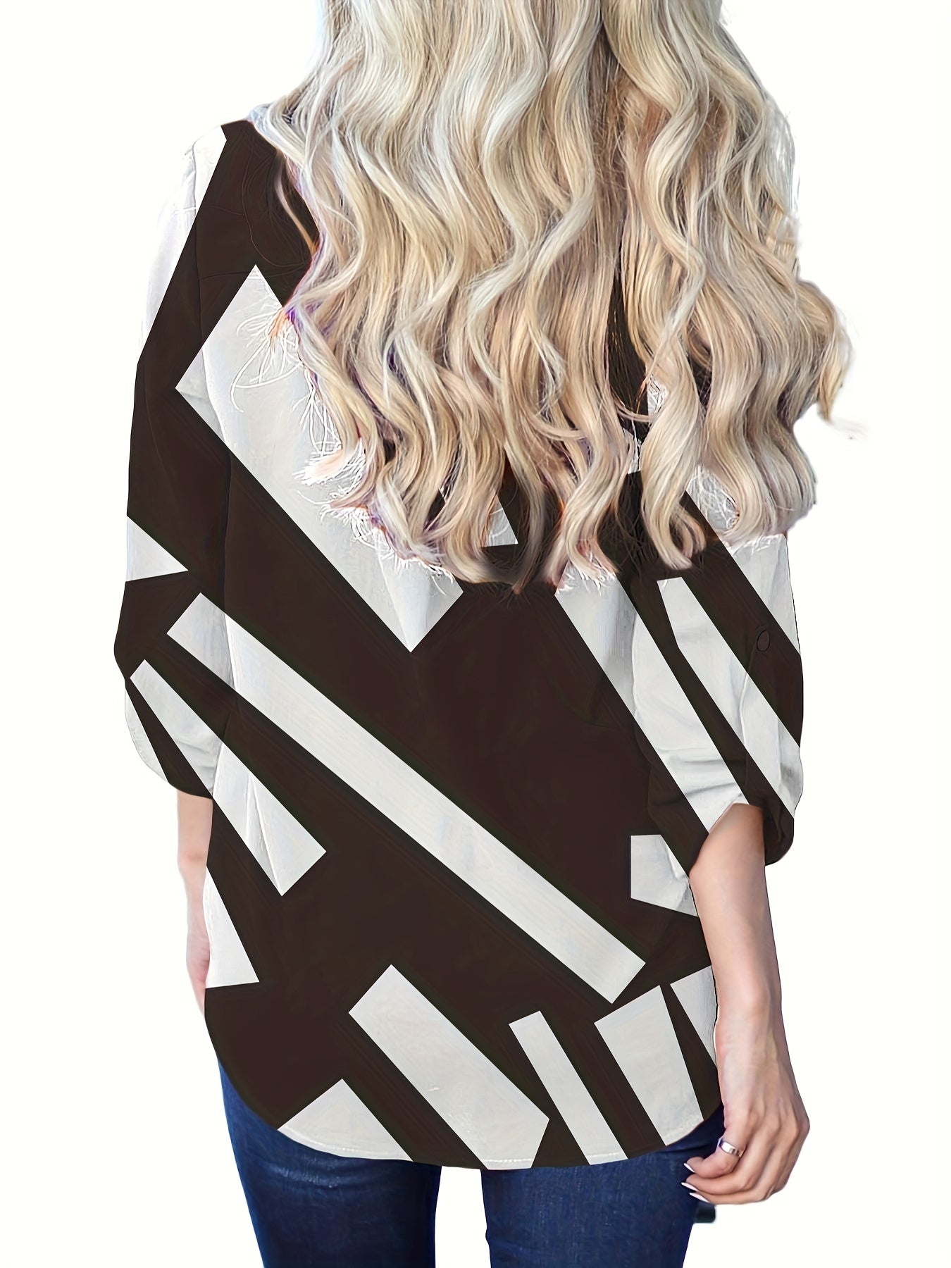  Colorblock Geometric Print Notched Neck Blouse