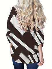  Colorblock Geometric Print Notched Neck Blouse