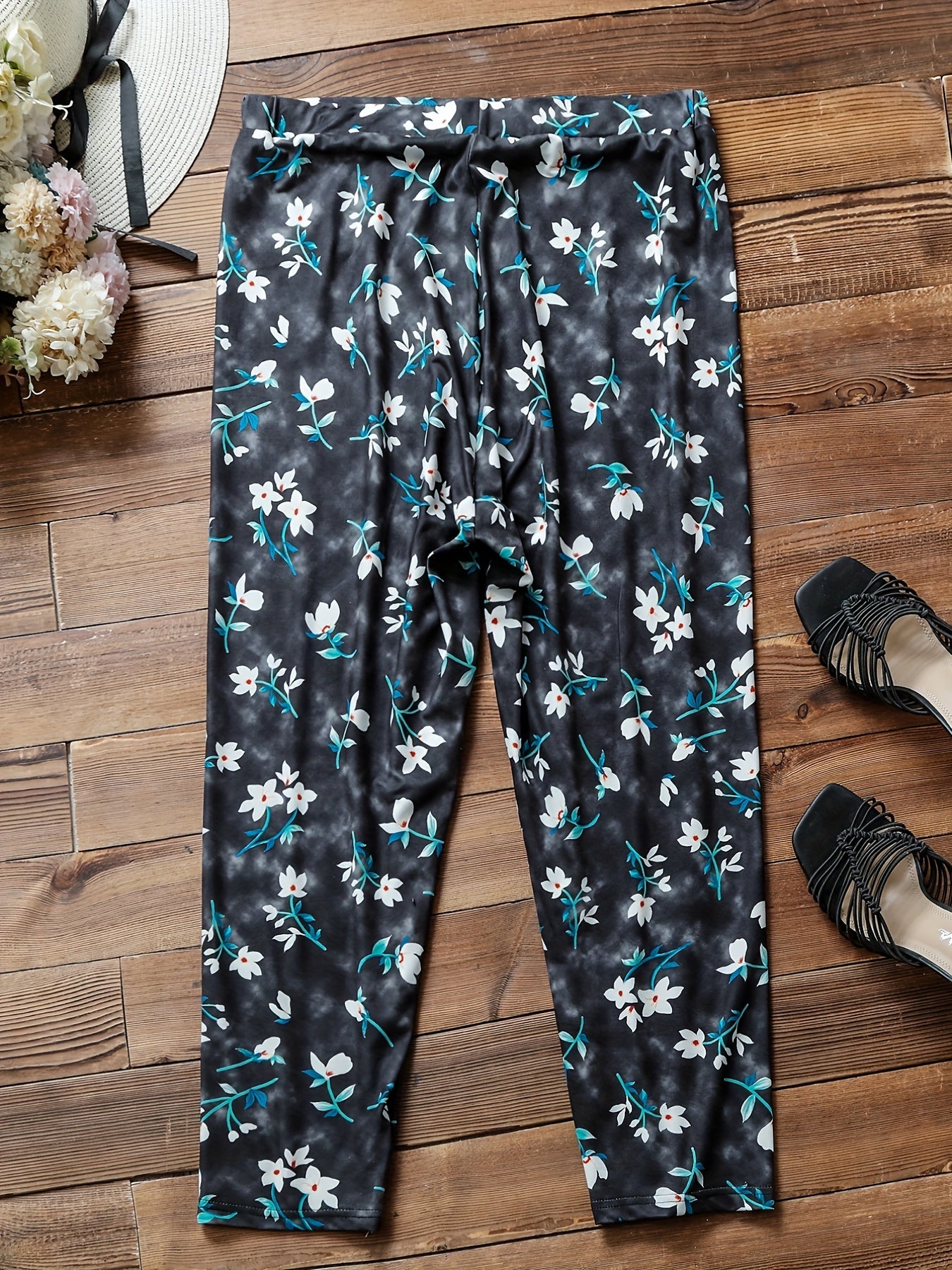  Floral Print Stretch Elastic Pants