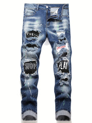 Slim Fit Patchwork Jeans High Stretch Denim Pants