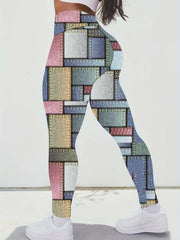  Colorblock Denim Print High Rise Leggings