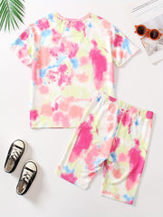 Girls 2 Piece Tie Dye Tee Shirt & Biker Shorts Set