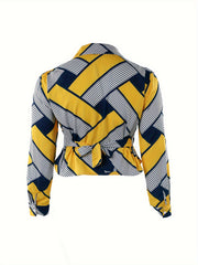 Casual Blouse Women's Plus Colorblock Geometric Print Long Sleeve