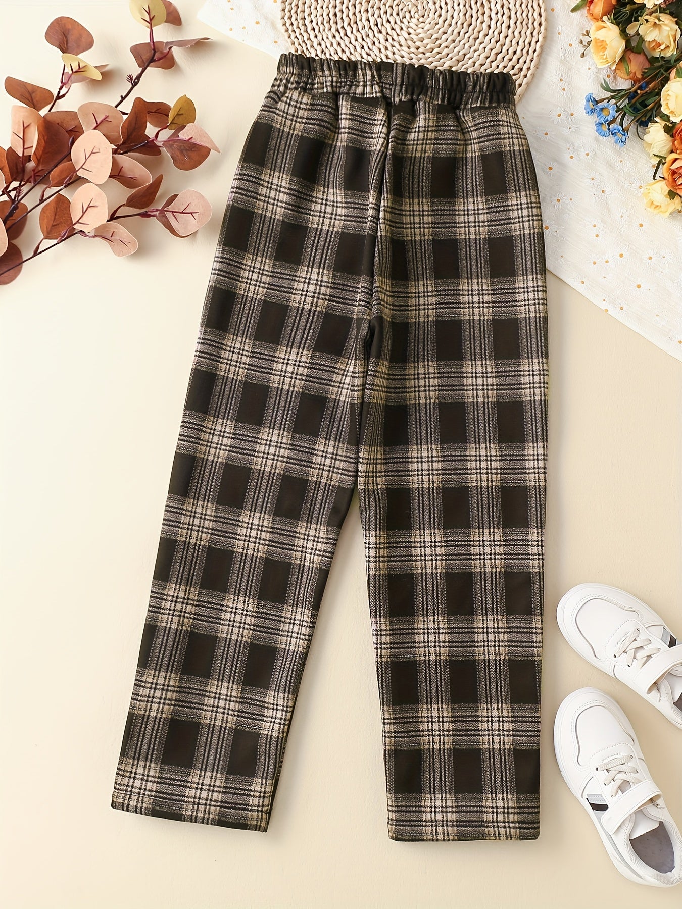Girls' Fleece Plaid Drawstring Pants For Outwear Kids